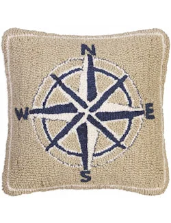 Vintage Compass Rose Hooked Wool Pillow