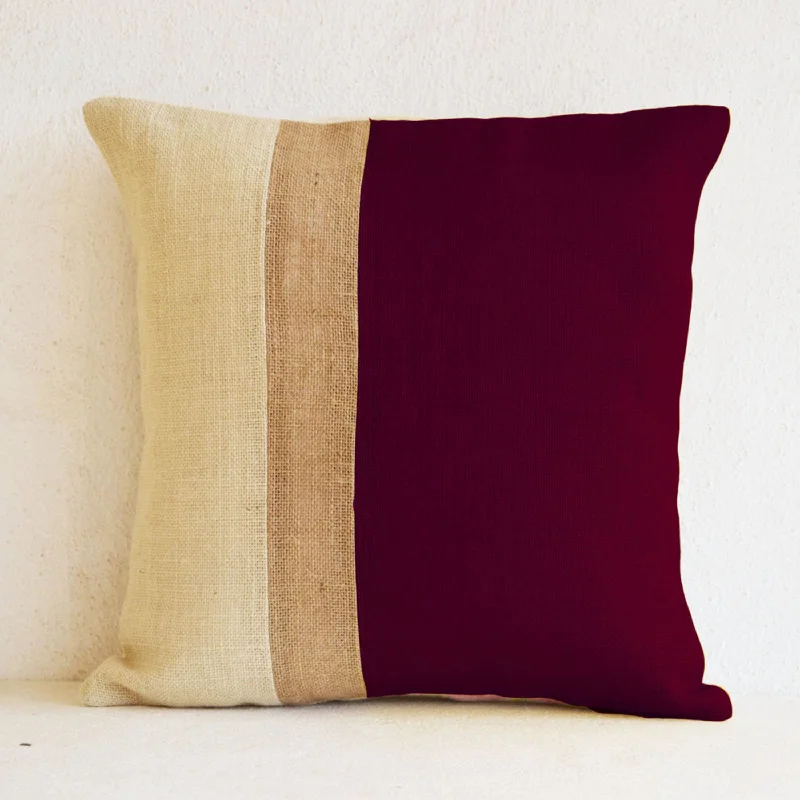 Outdoor Pillows - burgundy burlap pillow color block - Maroon White Decorative cushion cover- 18x18pillows - Burgundy White Euro Sham