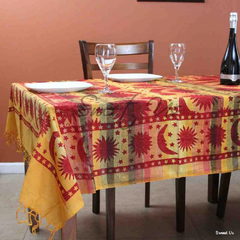 Cotton Celestial Print Floral Tablecloth Rectangle Yellow Dining Linen