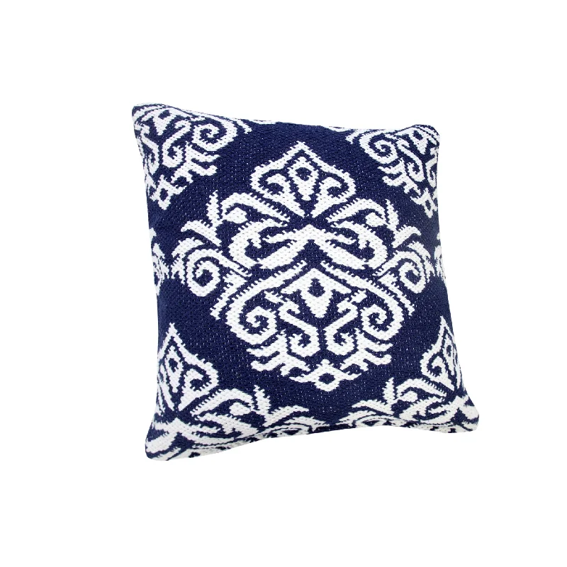 20" X 20" Blue And White 100% Cotton Damask Zippered Pillow