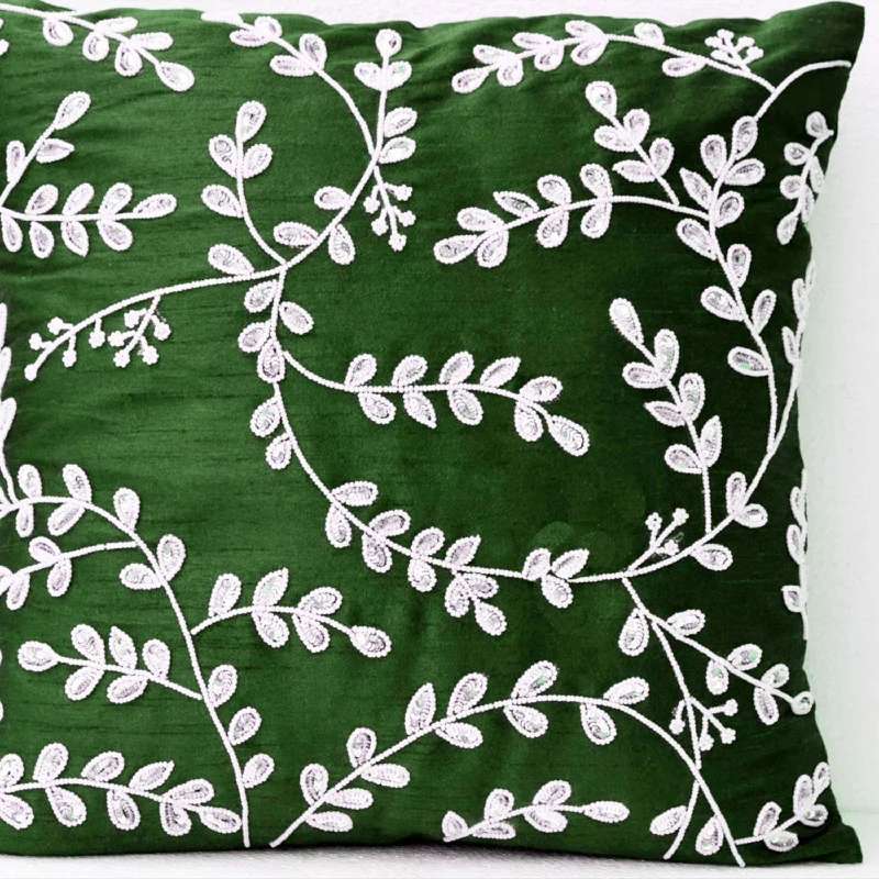 Emerald green throw pillows with bead sequin detail - Leaves pillow - Silk pillow - Cushion cover zipper - Gift 16X16