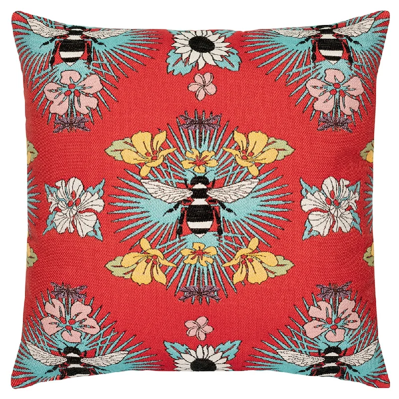 22" Square Elaine Smith Pillow  Tropical Bee Red