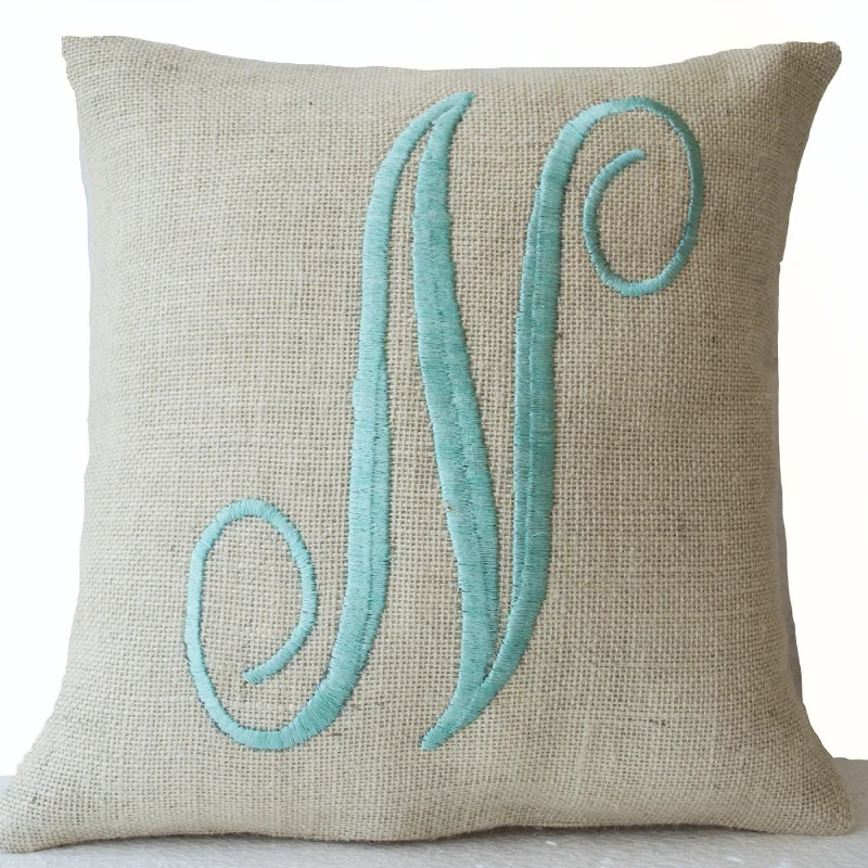 Monogram Pillows- Ivory burlap with mint embroidered letter throw pillow- Custom letter pillows- Gift- 16x16- Cursive letter monogram pillow