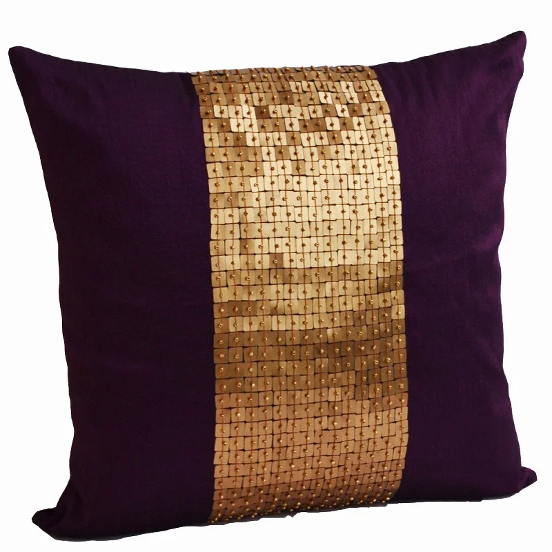 Throw Pillows - Purple gold color block in silk sequin bead detail cushion - sequin bead pillow - 16X16 Purple pillow - gift beaded pillow