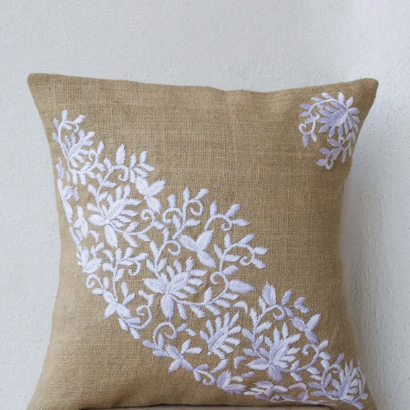 Burlap Pillows Embroidered White flower Leaves Cushion For A Modern Decor