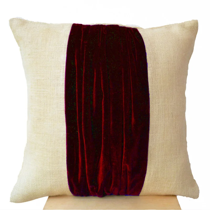 Burlap Decorative Throw Pillow Cover Luxe Red Velvet Color Block For Modern Cottage Decor