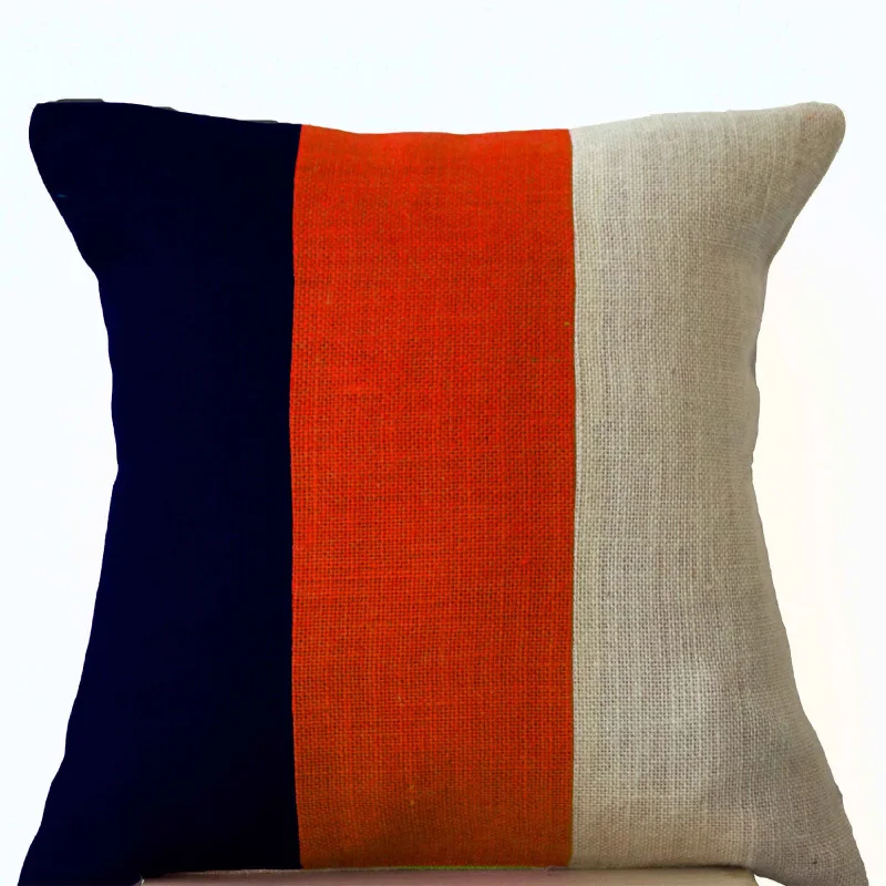 Striped BurlapThrow Pillow  -Modern Color block-Navy Orange Ivory Pillow- modern pillow cover- Color block cushion -16x16- Gift-Chair Pillow