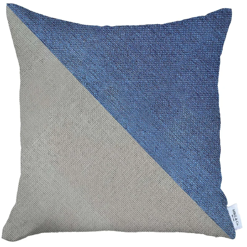 18" X 18" Blue And Grey Geometric Zippered Handmade Polyester Throw Pillow Cover