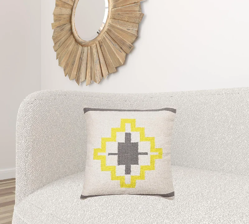 20" X 20" Gray White And Yellow 100% Cotton Geometric Zippered Pillow