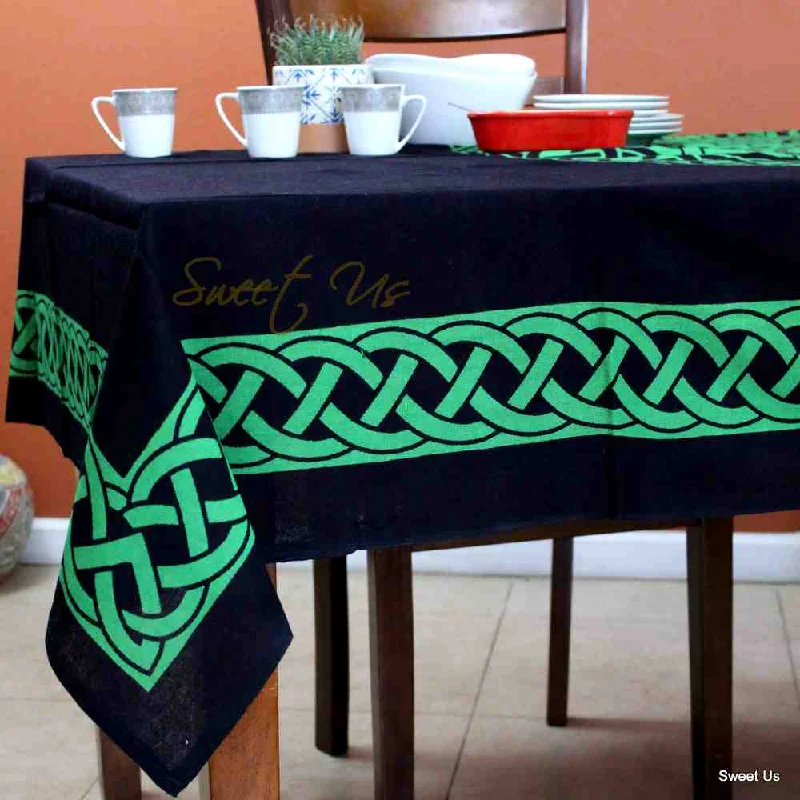 Cotton Celtic Lucky Clover Tablecloth Rectangle Black Green Dining Linen