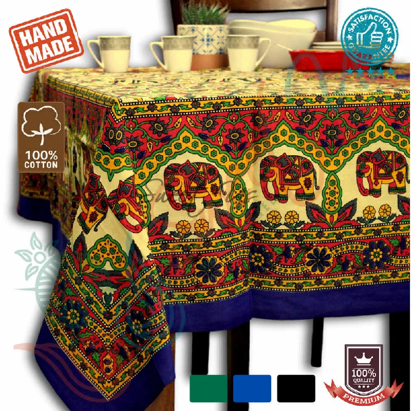 Cotton Elephant Floral Tablecloth Rectangle Blue Red Green Kitchen Dining Linen