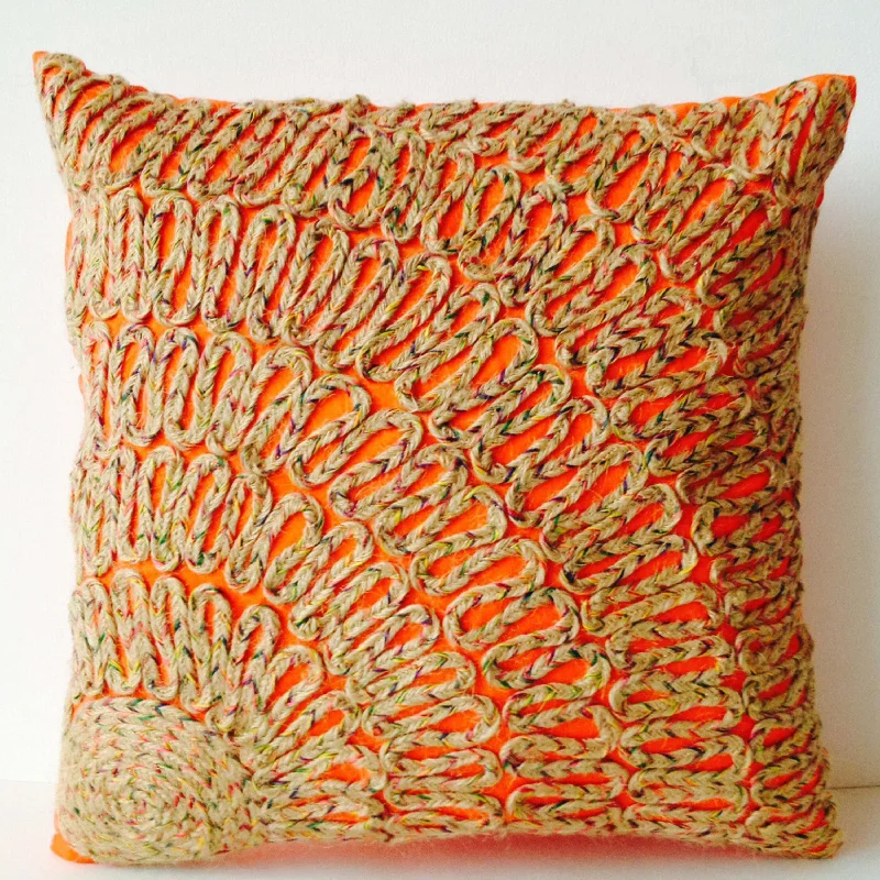 Throw Pillows -Orange Tan Dori Pillows -Burlap Pillow -Burlap Embroidered Orange Silk Pillows -Decorative Pillows -Tan Cushion -Gift -18x18