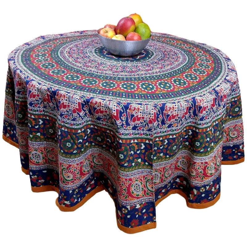 Cotton Elephant Mandala Floral Tablecloth Round 81 in Red Blue Orange Green