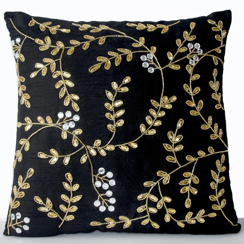 Black Silk Gold Leaves Pillows Cover