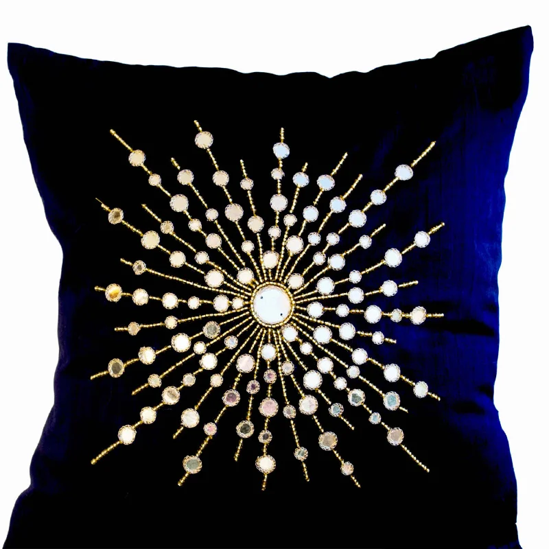 Premium Pure Navy Blue Silk Pillows Mirror embroidery- Silk Couch pillows- Decorative Sheesha silk pillows -16X16 pillow- Star burst pillow