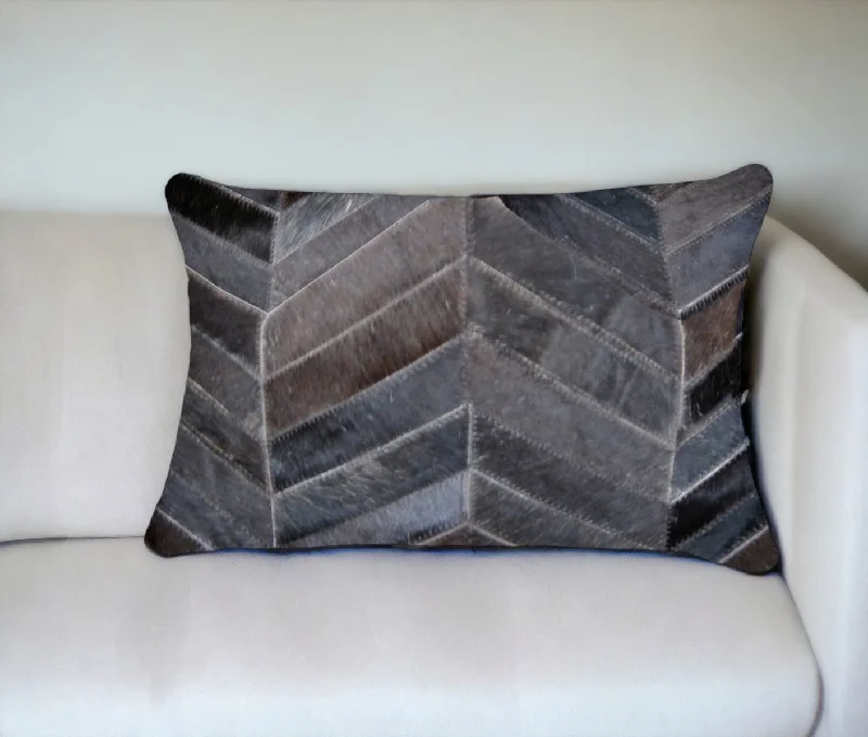 12" X 20" Gray and Brown Chevron Cowhide Throw Pillow