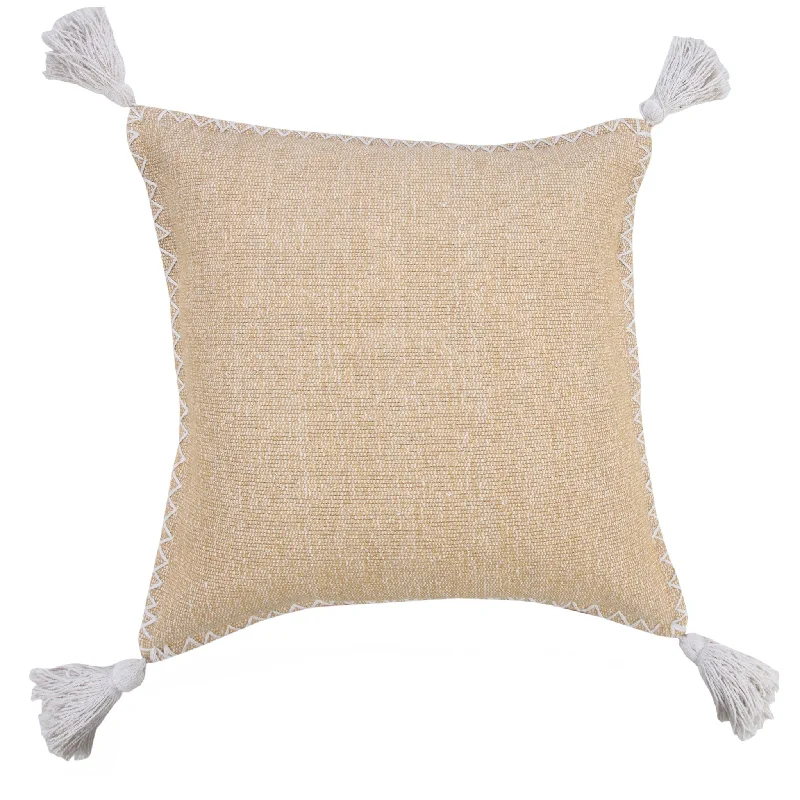 20" X 20" Brown and White Cotton Zippered Pillow With Embroidery, Tassels