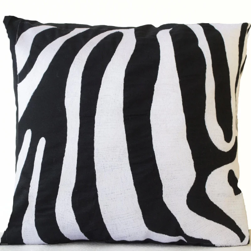 Zebra Striped Hand Embroidered Accent Pillow Case Black White Linen Animal Cushion