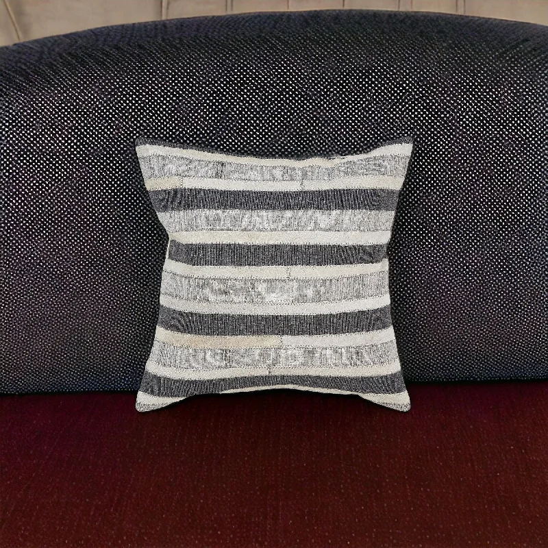 20" X 20" Charcoal And Beige 100% Wool Striped Zippered Pillow