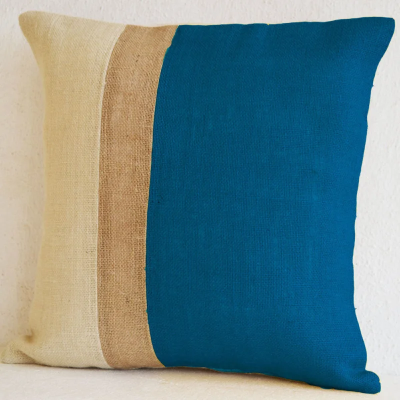 Color Block Pillow Cover Modern Home Decor  Minimal Burlap Colorblock Pillow Blue Beige Ivory Jute Hessian