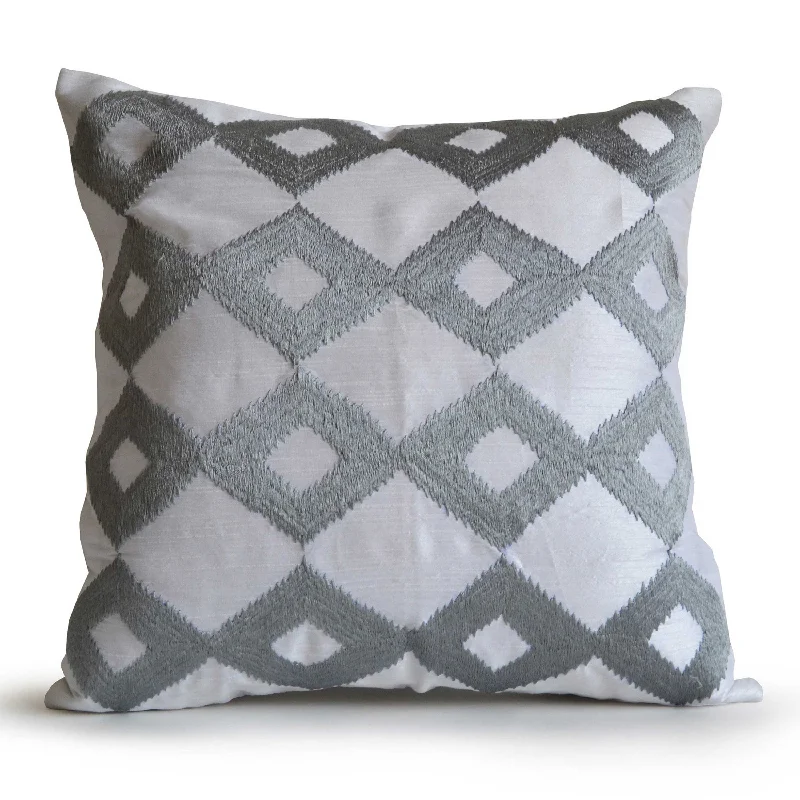 Silver Throw Pillows In White Silk With Ikat Embroidery