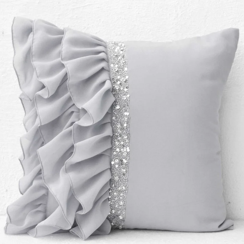 Silver grey ruffled sequin throw pillow - 16X16  Decorative Pillow - Gray cushion cover - Gift Pillow spring, summer