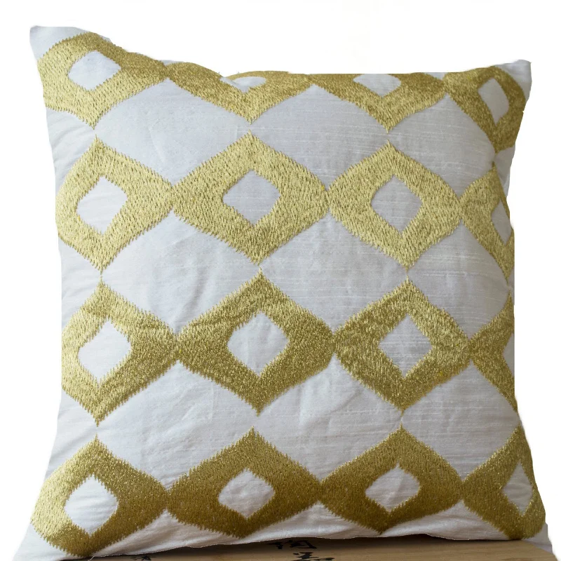 Gold Pillows- White Silk Gold Ikat Embroidered Pillow- White Gold Pillow- Silk Pillow- 16x16- Couch Pillow- White Cushion- Gift- Ikat Pillow