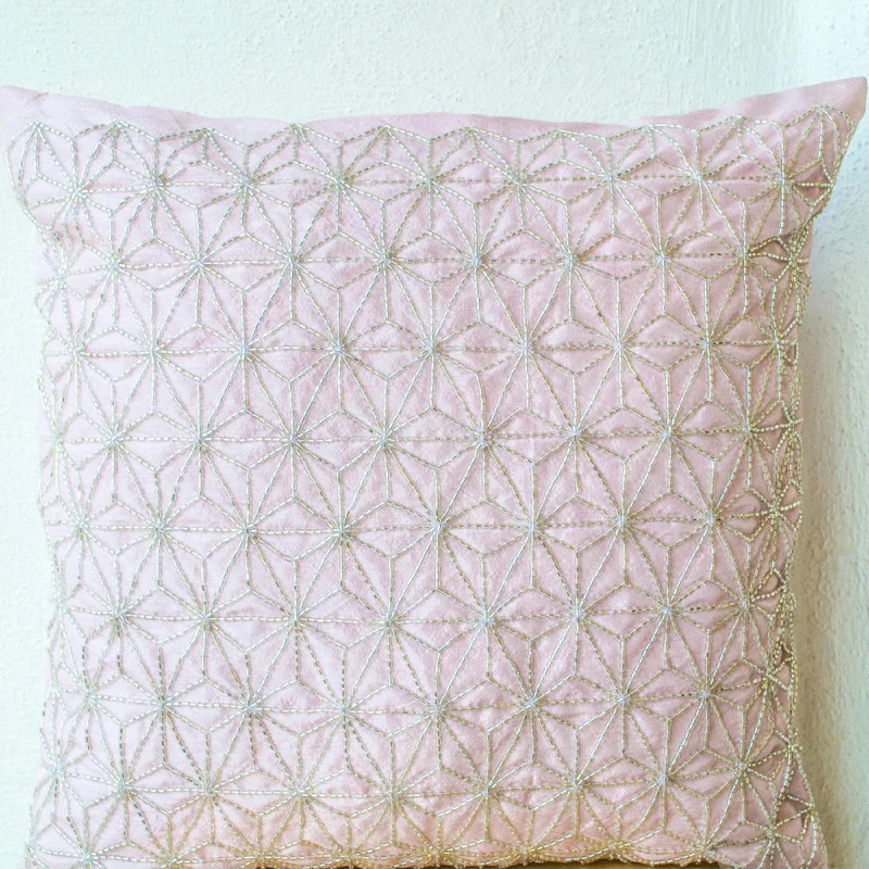 Pink throw pillow with silver embroidered hemp leaf - Sashiko pillow -16x16 - Cushion cover - Geometric Throw  pillow -Pink silver pillow