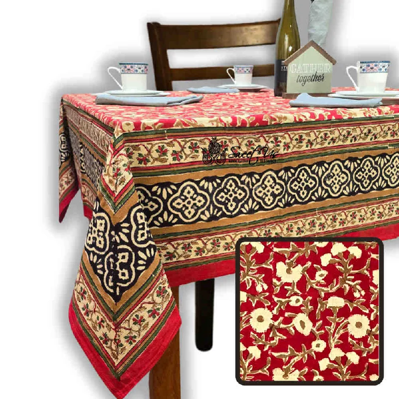 Sweet Us Amara Floral Cotton Block Print Tablecloth Rectangle, Terracotta Ruby