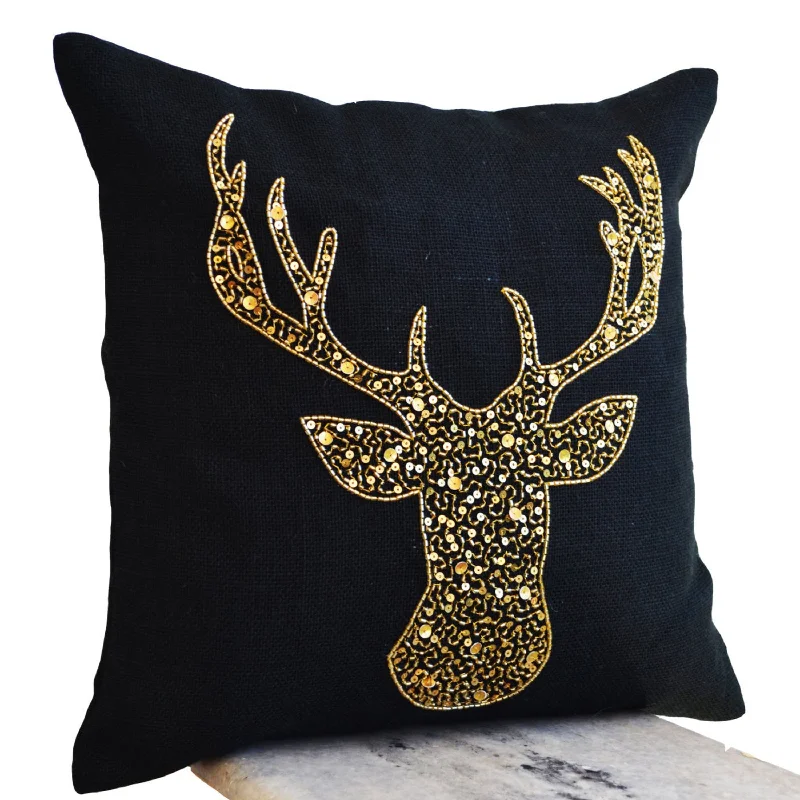 Christmas Burlap Pillow Cover with Gold Deer Sequins Embroidery