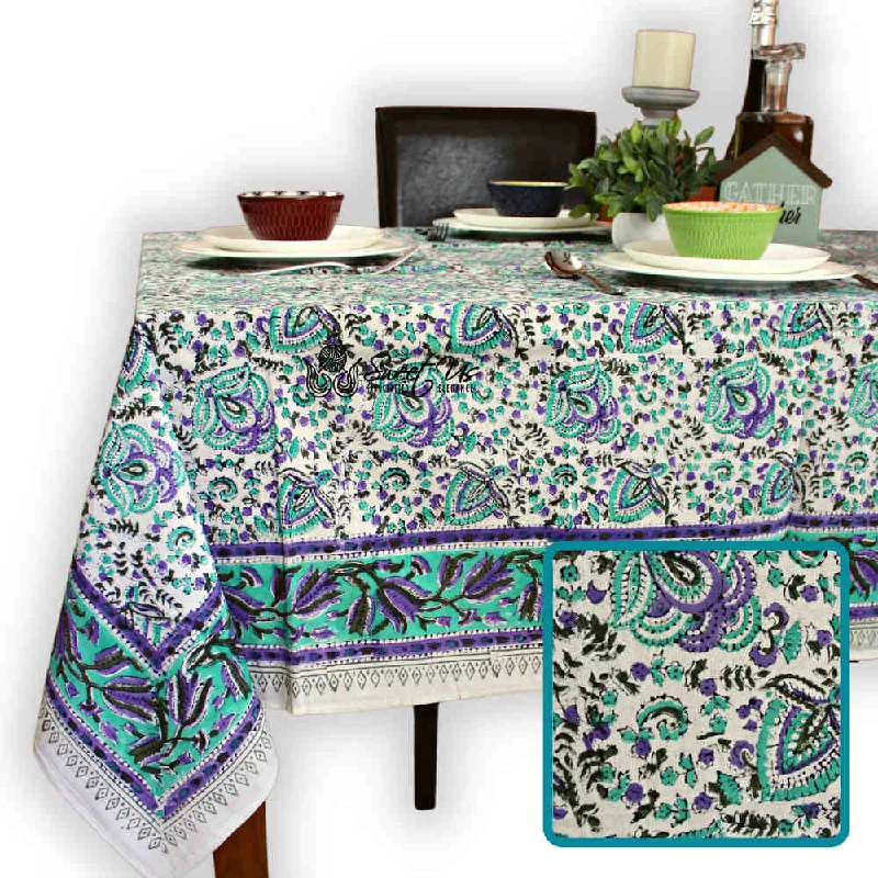 Ashlyn Block Print Floral Tablecloth Square Turquoise, Purple, Beige