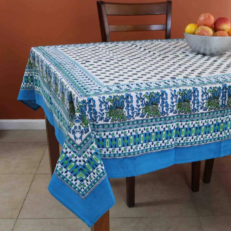 Cotton Floral Elephant Tablecloth for Square Tables 60x60, Blue