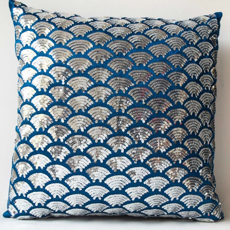 Silver Sequin Scallops On Blue Pillow Cover