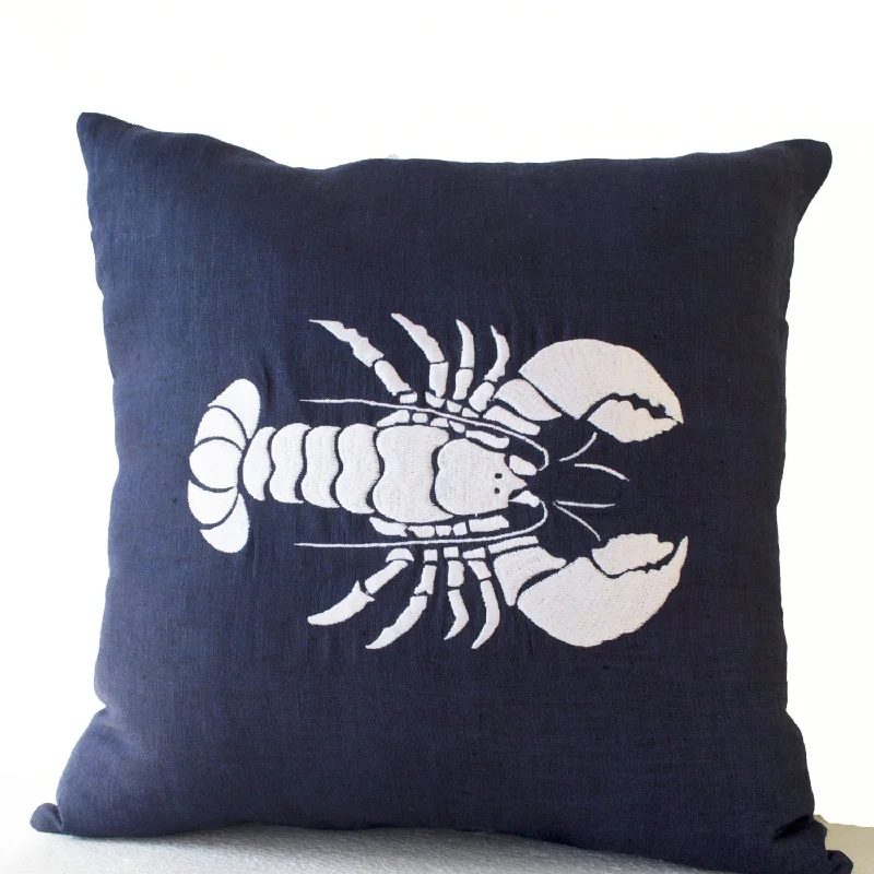 Linen Pillow- Navy White Pillow Cover- Lobster Throw Pillow- Sea Life Pillow- Lobster Pillowcase- Oceanic pillow- 16x16 Gift- Chair Cushion