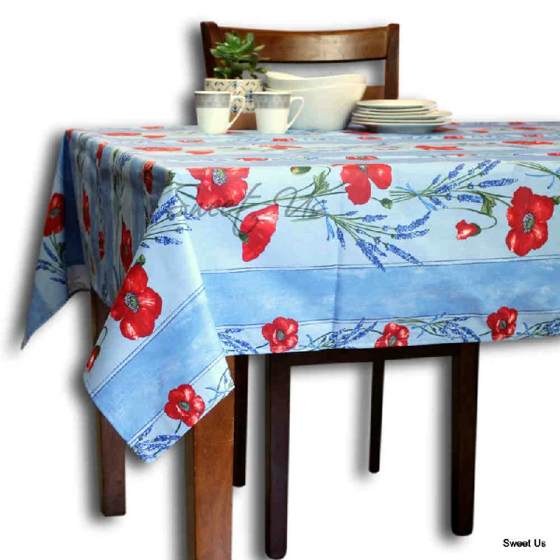 Wipeable Tablecloth Rectangle Spillproof French Acrylic Coated Poppy, Blue