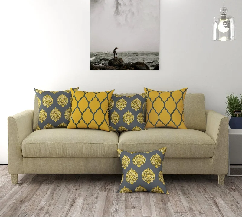 Cotton Cushion Covers for Sofa and Diwan Pillow Covers (Damask & Dori Mustard Yellow & Set of 5)