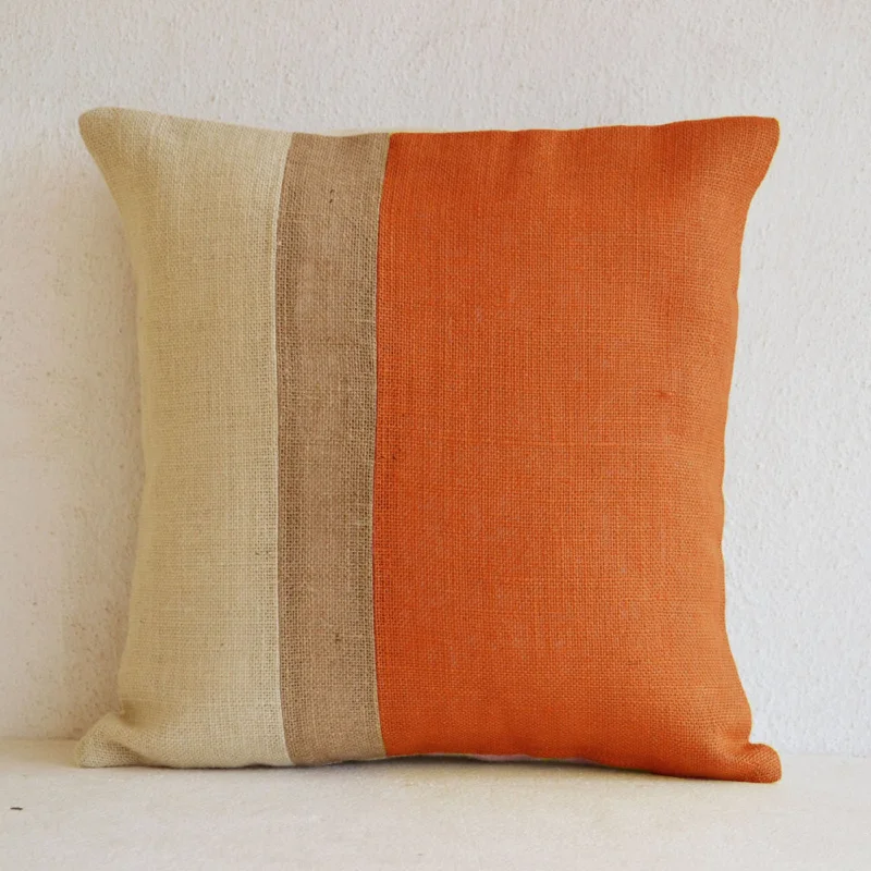 Orange Pillow - Burlap Pillow color block - Orange Decorative cushion cover- Spring Throw pillow gift 18X18 - Orange Euro Sham