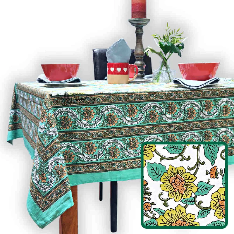 Cotton Bloom Delight Floral Tablecloth Rectangle, Kitchen Linen, Emerald Isle