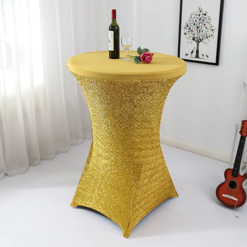 Shimmer Tinsel Spandex Cocktail Table Cover 30"-32" Round - Gold