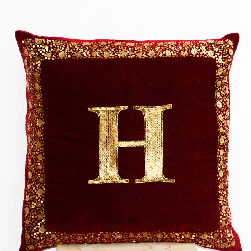 Velvet Monogram Throw Pillow -Maroon Velvet cushion gold sequin letter boarder -Wedding -Anniversary pillow -16X16 -Letter pillow case -gift