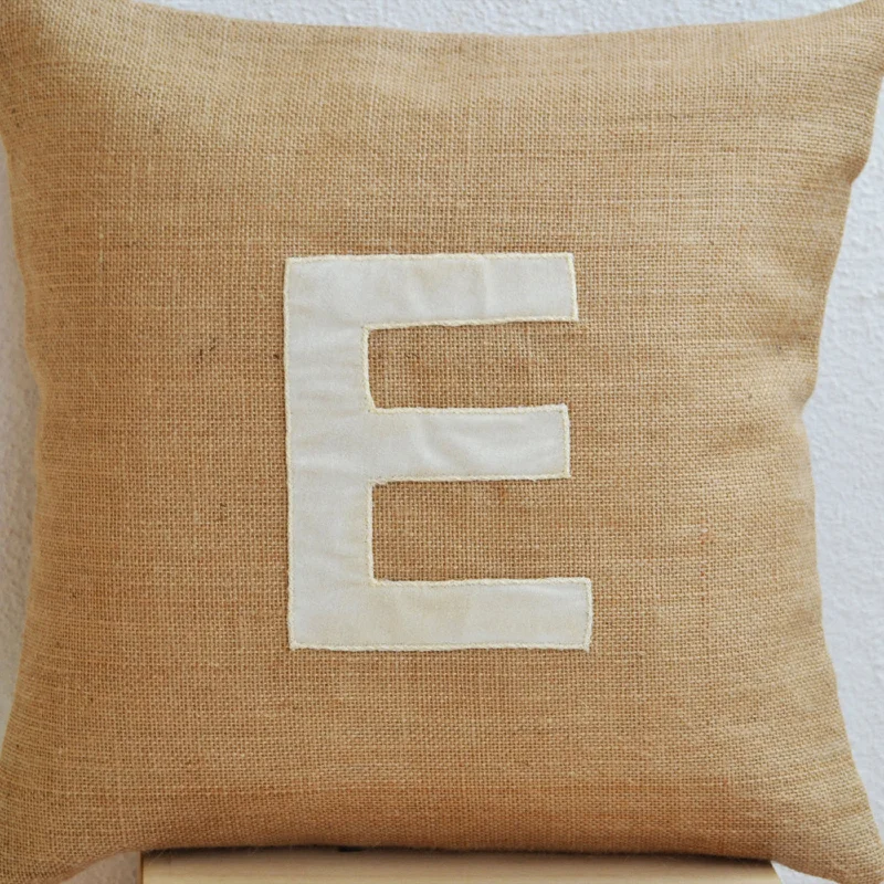 Handcrafted Customized Ivory Velvet Monogram Throw Pillows in Burlap