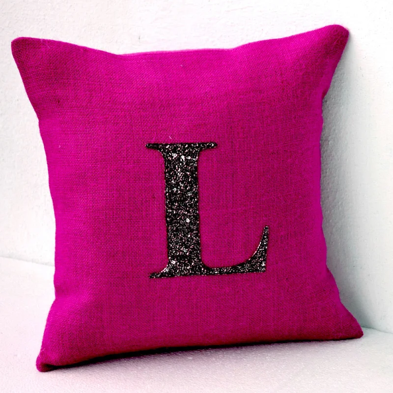 Fuchsia Burlap (Jute or Hessian) Sequin Monogram Throw Pillow Cover