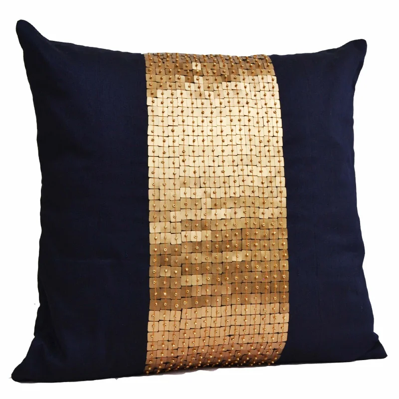 Throw Pillows - Navy Blue gold color block in silk sequin bead detail cushion - sequin bead pillow - 16X16 - Navy blue pillow - gift pillow