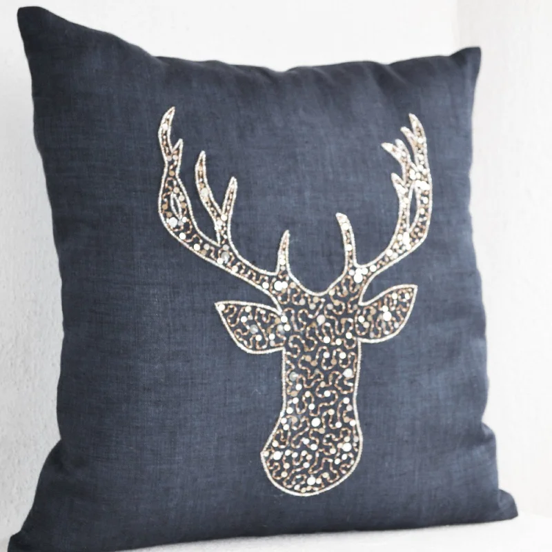 Deer Pillows -Stag embroidered gold silver sequin - Linen pillow covers -Charcoal Grey pillows -Grey pillows- Christmas pillows 16x16- Gift