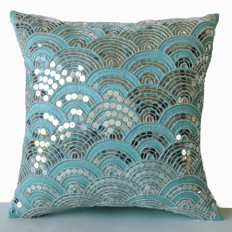 Teal Pillows Embroidered Waves -Sashiko Pillow Cover -Cushion Zipper -Decorative Pillows -Gift -Wedding -Anniversary -Gift for Her -16x16