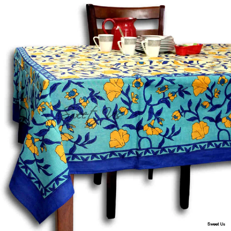 Cotton Floral Tablecloth Rectangle 70x104 Blue Gold Kitchen Dining Linen