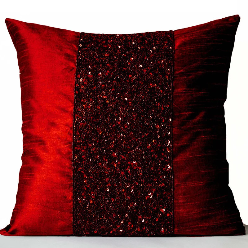 Red pillow covers -Red Silk Pillows -Red Metallic Sparkle Pillow -Red Beads Embroidered Pillow -18x18 -Gift -Beaded Cushions -Couch Pillows