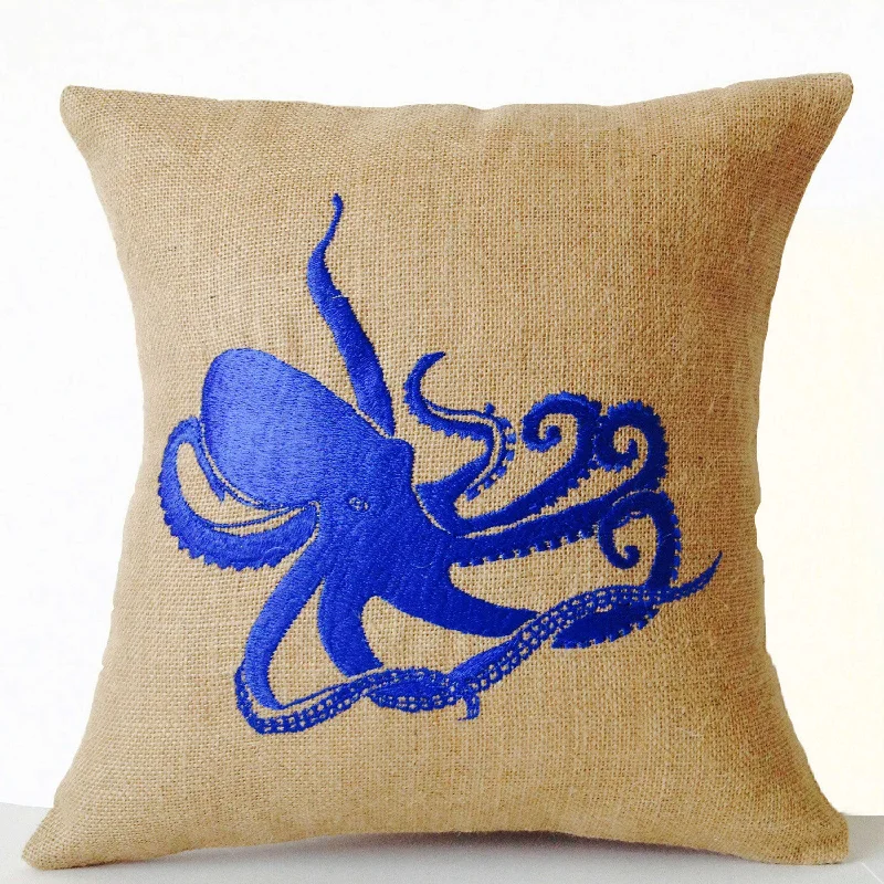 Sea pillow- Embroidered octopus pillow cover -Burlap pillow -Royal Blue throw pillow cushion -16x16 -Gift -Bedding -Blue cushion -Oceanic