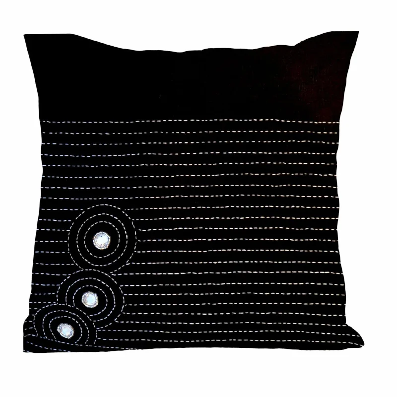 Handcrafted Zen Designer Black Linen Throw Pillows with Sashiko and Crystals Holiday gift