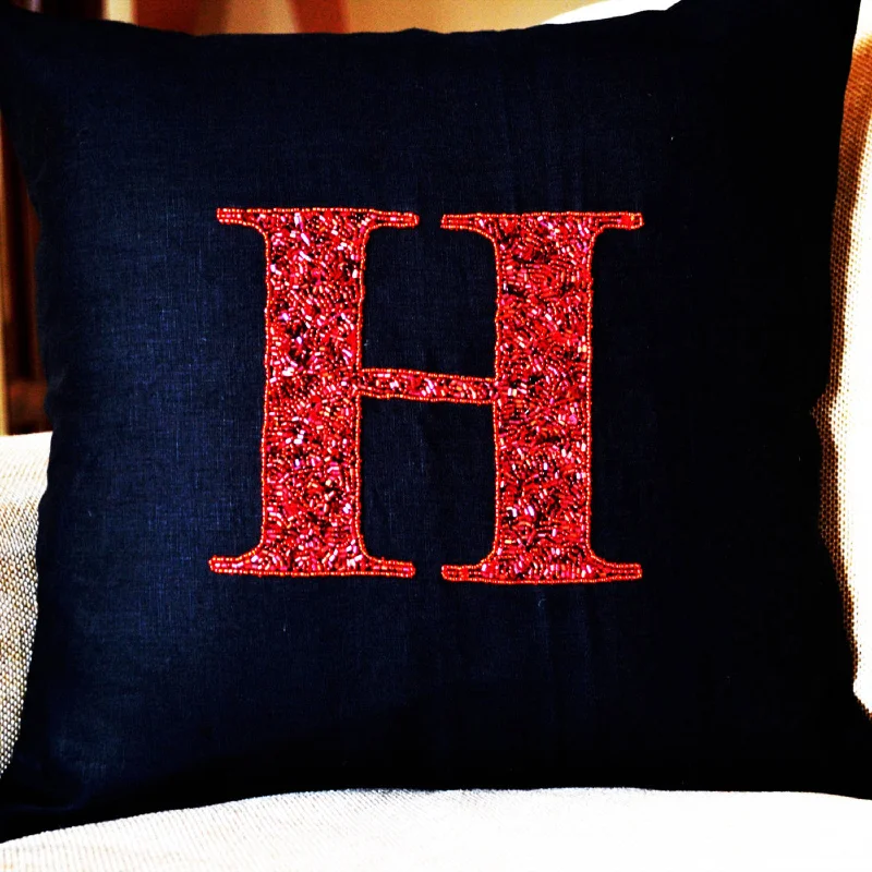 Customized Red Sequin Monogram Decorative Pillow Case in Black Linen